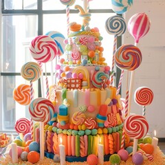 A colorful cake with many lollipops on it