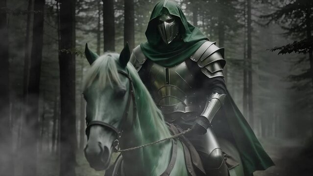 Evil Rider in Armor in Dark Forest 4K Loop features an A.I. Generated video of an armored rider wearing a green cloak and riding a pale green horse in a dark forest with mist swirling around.