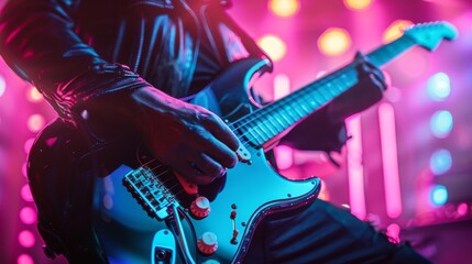 Electric Guitars in Retrowave Vibrant Colors on Stage

