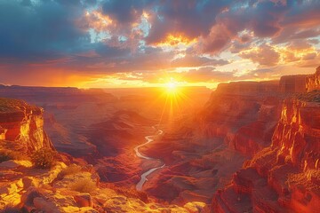 A sunset view casting long shadows across a deep canyon, front view, highlighting dramatic landscapes, advanced tone, Analogous Color Scheme