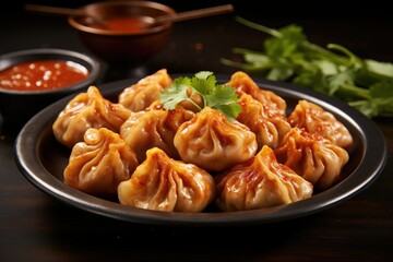 A plate filled with spicy chicken dumplings accompanied by a side of dipping sauce. Generative AI