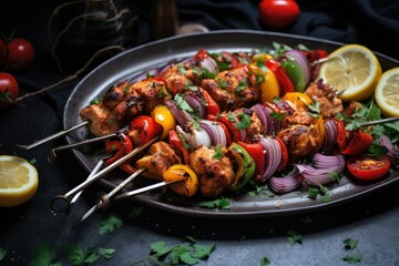A plate filled with Turkish chicken shish kebabs, topped with slices of lemons, onions, and fresh cilantro. Generative AI