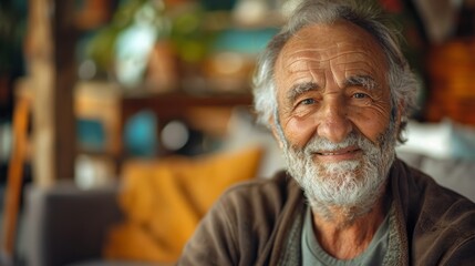 portrait of a senior man smiling and looks at camera, in living room background, life stlye concept.