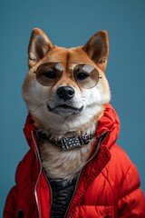 Shiba Inu in a red jacket and sunglasses, looking cool against a blue backdrop
