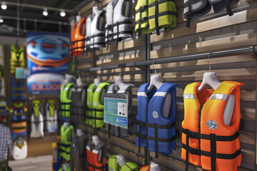 Assorted Life Jackets Displayed in Sports Store.
