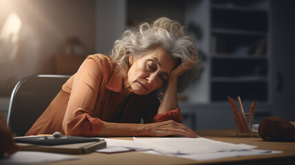 A tired and frustrated elderly and Mongolian business woman is sitting at her modern office desk with her hands in her hair with backlighting - Powered by Adobe