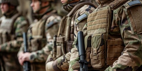 Soldiers in tactical gear with blurred faces standing in a line during a mission