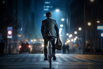A beautiful adult of Mongolianformal man riding his bicycle to work, a backside portrait of a guy commuting on a bicycle on a sunny day in an urban street at midnight