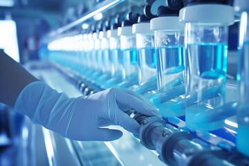 Hands with blue sanitary gloves are inspecting a row of glass medical tubes on a production line moving along a conveyer belt in a pharmaceutical factory lab equipment for science research
