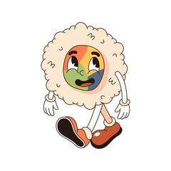 Pop art vector uramaki sushi. Character face with rolled rice and seaweed. Asian nutrition symbol or traditional japan food element. Comic book walking fish meal for restaurant or sushi bar. Sign