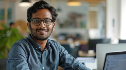 An attractive Indian man with glasses looking at the camera and smiling charmingly. A young intelligent engineer holding a laptop computer. A finance manager of a large corporation working at his