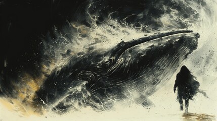 Jonah and the Whale - Illustration of Whale Swimming Beside Human Silhouette in Ocean, Digital Watercolor Painting, AI-Generated 4K Wallpaper Background © Da