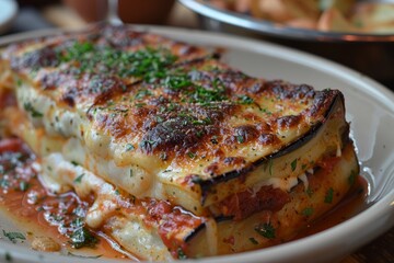Parmigiana di Melanzane: Layers of fried eggplant, rich tomato sauce, and melted mozzarella, baked to a golden brown.