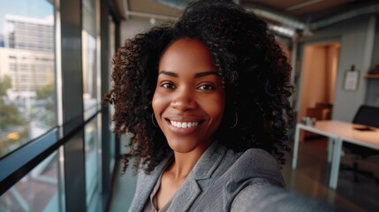 Happy business woman, about us, firm biography, or social media introduction. Corporate finance office worker smile, face, or self-portrait or nice photo