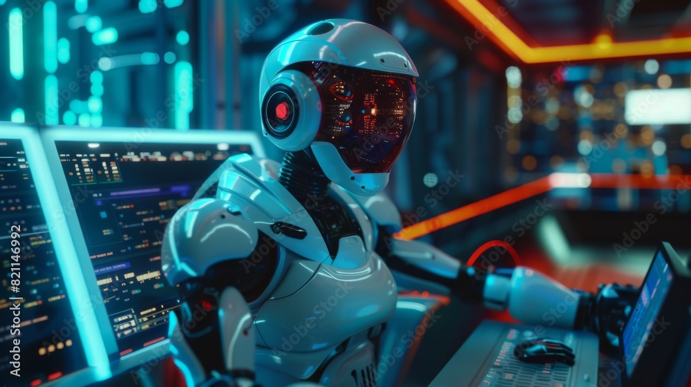 Poster ai robot working with deep machine learning software. futuristic humanoid virtual generative ai assi