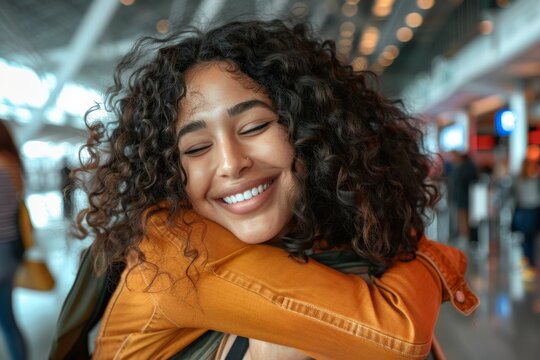 At the airport, couple hugs and smiles goodbye for long-distance relationship. Man and woman cuddling before flight or immigration waiting for airline