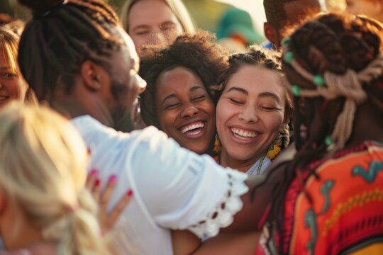 diverse community celebrating and coming together at social gathering event in the park on summer day