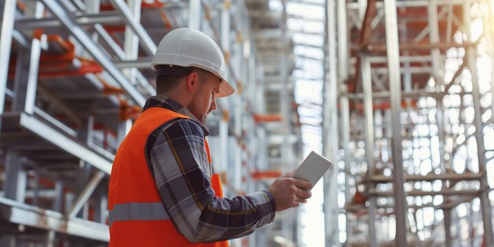 A construction worker in high visibility vest using a tablet on the construction site