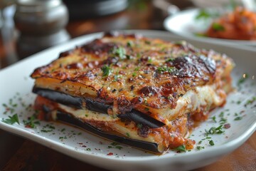 Parmigiana di Melanzane: Layers of fried eggplant, rich tomato sauce, and melted mozzarella, baked to a golden brown.