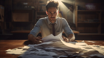 A tired and frustrated young adult and Latin business man is standing in front of his wooden office desk with his hands crumbling a paper with backlighting