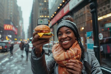 Burger, portrait, woman in selfie, city and restaurant outdoor promotion, social media, live streaming. Fast meal, joyful smile, and African influencer on sidewalk for photography