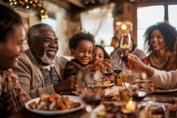 multigenerational black african american  family including grandchildren, parents  and grandparents enjoying a meal together at  table in living on thanksgiving or Christmas