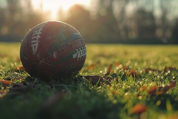 Close up of rugby ball on field