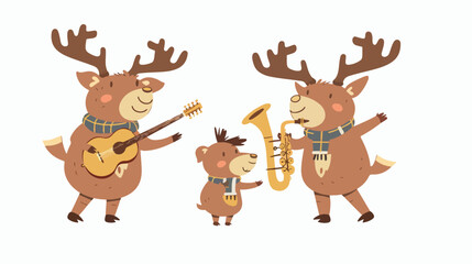 Cute amusing elk family playing musical instruments.