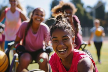 diverse teenagers sports enthusiasts inclusive portrait featuring people using wheelchair, diverse bipoc person