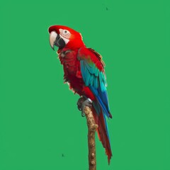 A colorful parrot is perched on a green branch