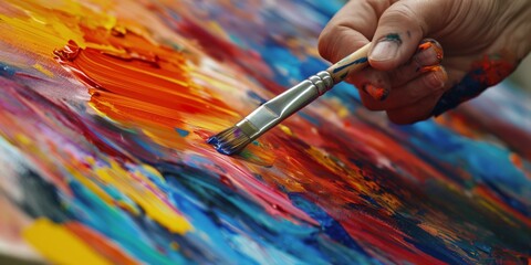 Close-up of an artist's hand holding a paintbrush and applying vibrant colors on a canvas,...