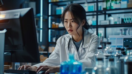 Female Asian doctor working at desktop computer in modern hospital medical research lab. Professional practitioner checking patient's test results, medication prescription, and symptoms.