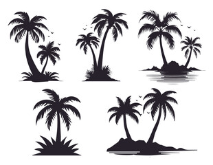 Set of black palm trees on an island. Silhouette of black creatively drawn palm trees vector.