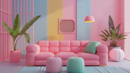 3d rendering  Kids living room , design integrates pixelated icons, pastel backgrounds, The playful and digital aesthetic of '90s handheld furniture