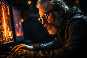 Obraz premium trader analyst wearing eyeglasses working at computer screen reflecting in glasses
