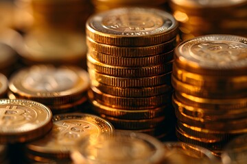 A close up of a pile of coins with a lot of coins on top