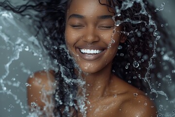 Black woman's healthy, wet hair and skincare beauty with cosmetics mockup to hydrate, nourish, and moisturize African hair. Clear skin, makeup, and gray studio background