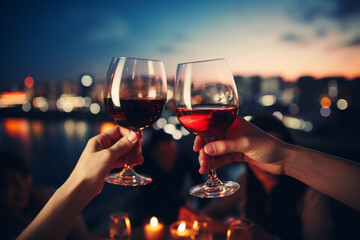 a group of friends hands toasting with red wine glasses during on a holiday with a city background at night, a happy celebration concept