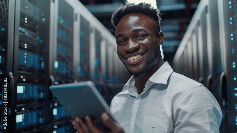 Poster the businessman and entrepreneur is smiling while using a tablet computer in the data center. one ca