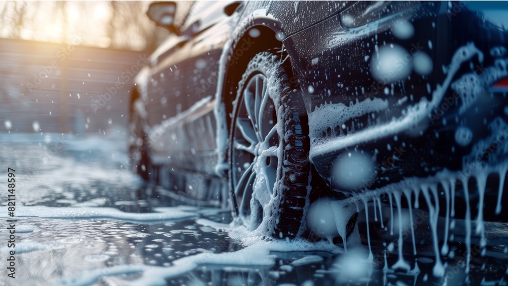 Wall mural car washing with soap foam on car body closeup, real photo. the car was washed with soap foam coveri