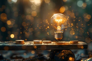 A close up of a light bulb on a wooden table