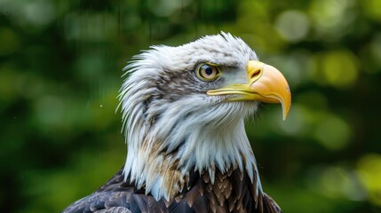 an eagle's head, its intricate feathers and distinctive yellow beak showcased against a softly blurred natural backdrop, evoking a sense of wild beauty.