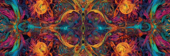 Artistic abstract design with silhouettes that could be interpreted as human forms amongst vibrant color swirls