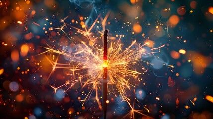 Obraz premium Close-up of a bright sparkler igniting with vibrant fiery particles scattered across a dark backdrop