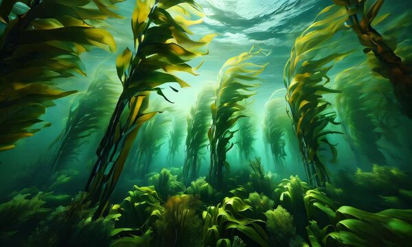 Realistic video of kelp underwater. The scene captures the vibrant, green kelp forest swaying gently with the currents. Sunlight filters through the water, illuminating the kelp leaves
