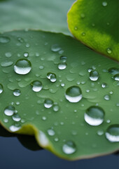Close-up of a green leaf with perfectly formed dew drops
