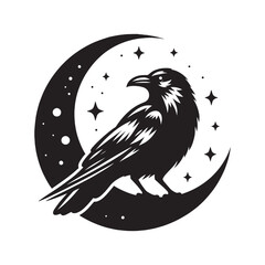 Crow on the moon. Engraving black vector illustration, silhouette, outline. Icon, logo, emblem