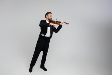 Elegant man violinist on stage performing concert