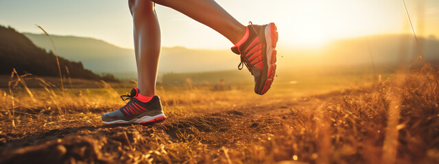 Lady or female / woman Caucasian trail runner running on a path between meadows with a close-up of the trail running shoes during sunset - Powered by Adobe