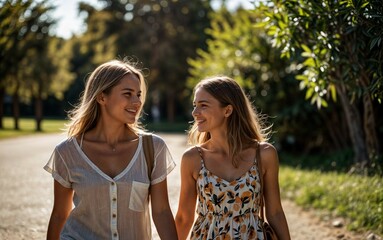 Obraz premium two young women strolling through a park at sunset in the summertime